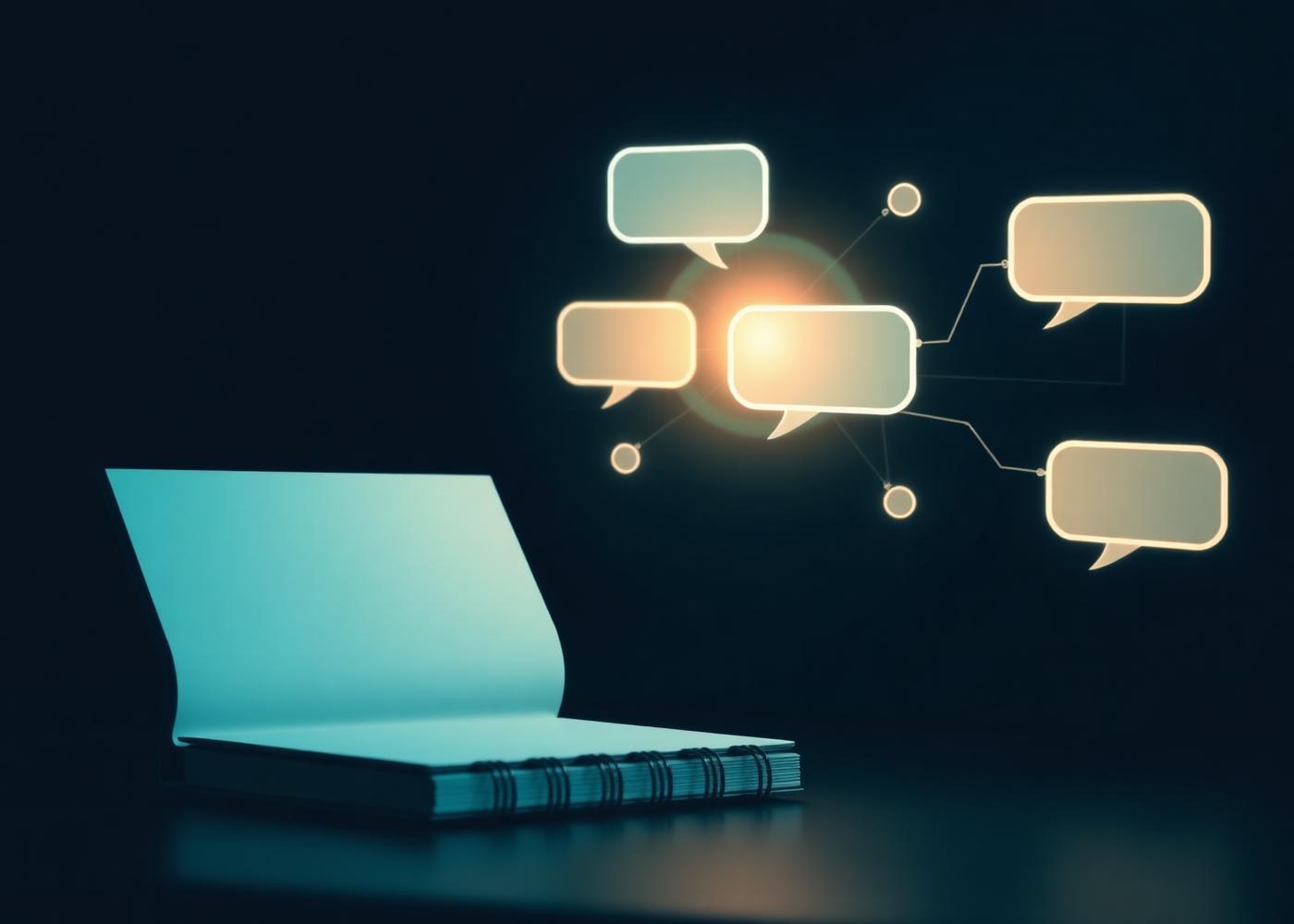 A notebook glowing beside floating chat bubbles connected to a database node